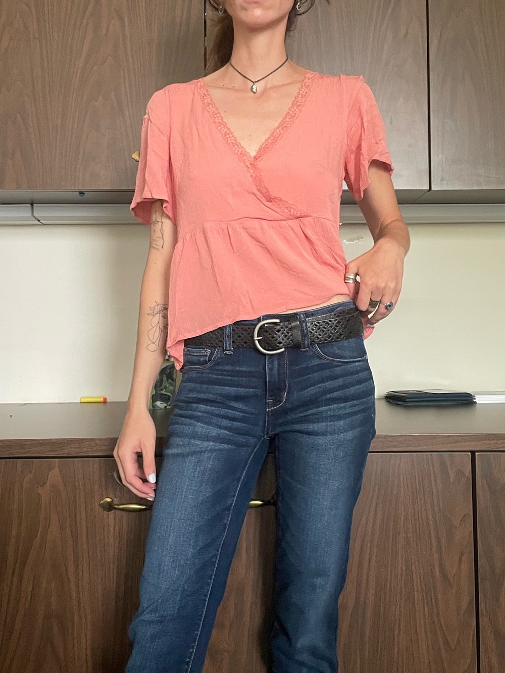 Hippie Rose Coral Lace-Trim V-Neck Wrap Top